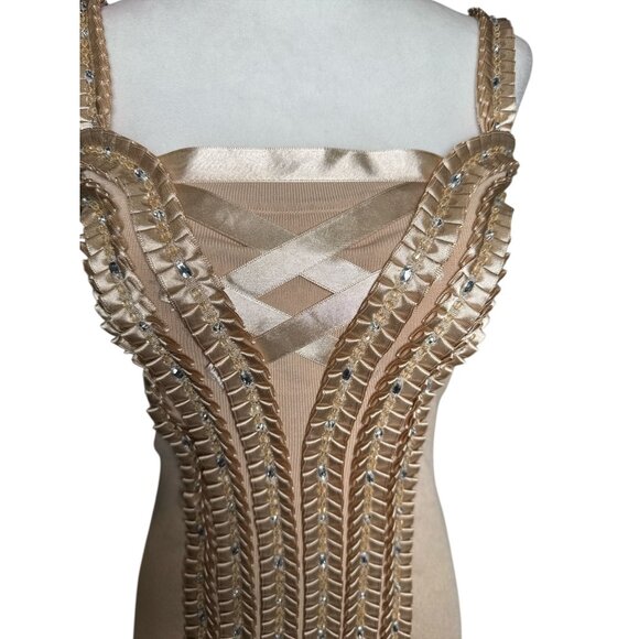 Leo Guy Size M Color Tan Sleeveless evening Top  Intricate Silver Rhine Stone - Picture 3 of 10